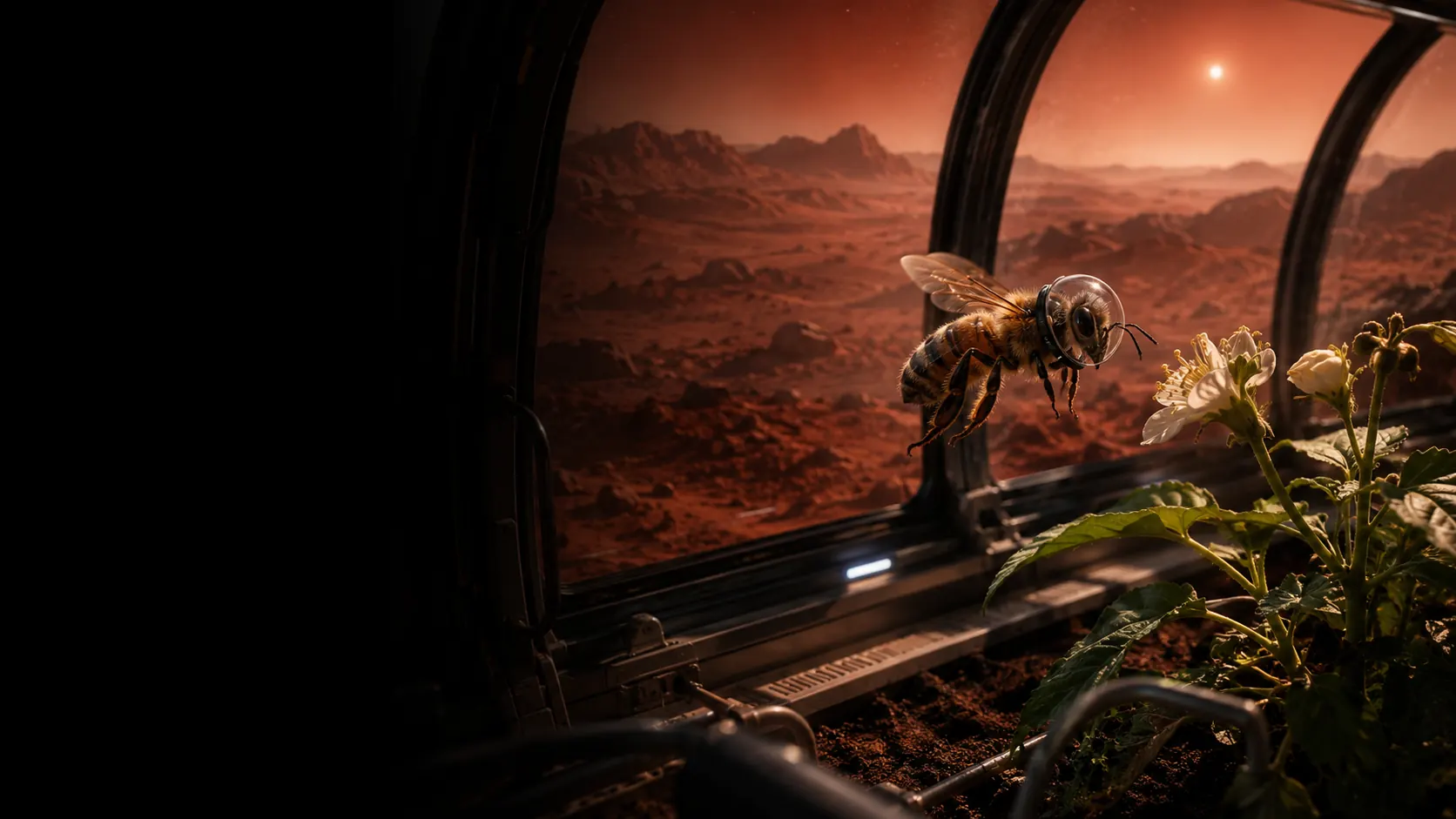 Concept of an astronaut bee inside a protected flowering habitat on Mars
