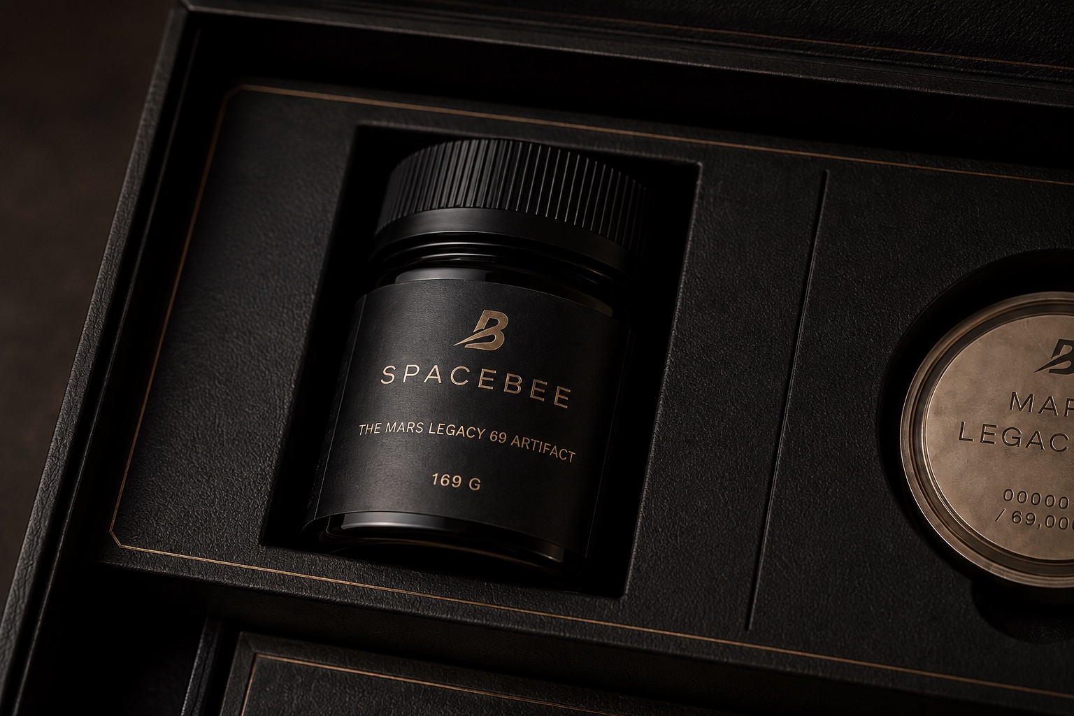 Concept detail of the numbered 169 gram Rare earth’s Mars Hadramout honey jar