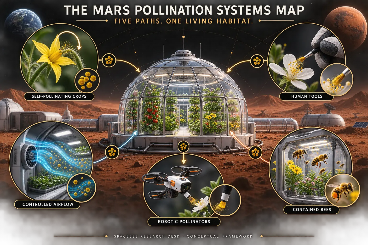 Mars Pollination Systems Map comparing crops, human tools, airflow, robots and contained bees