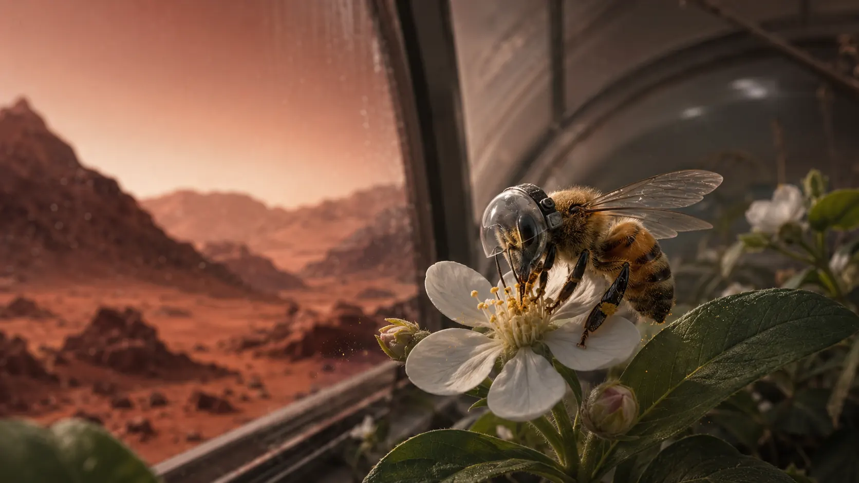 Astronaut bee pollinating a flower inside a protected Mars habitat concept